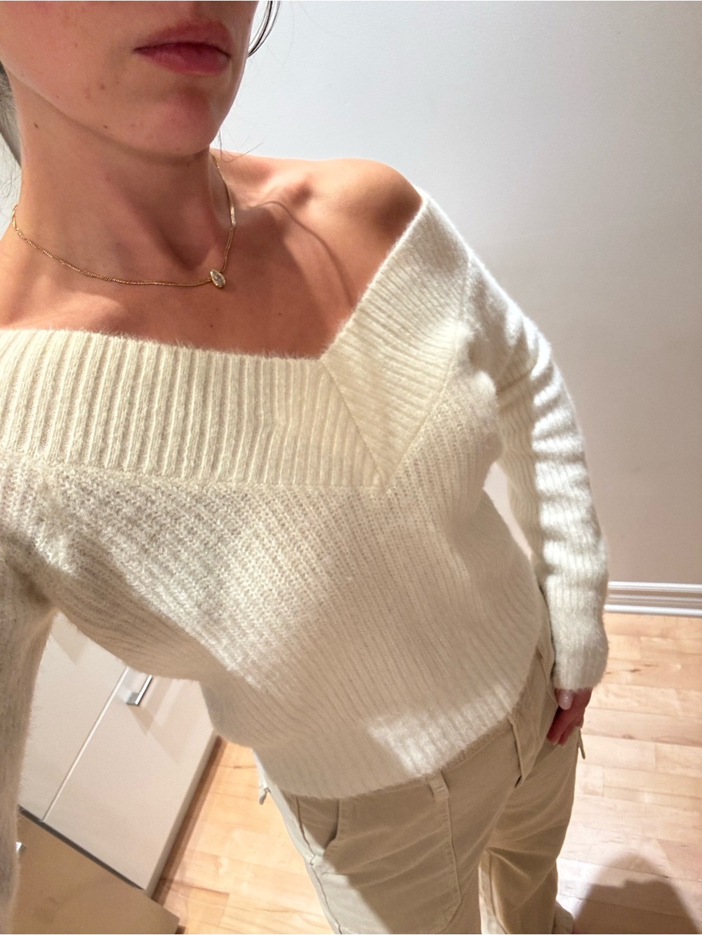 Fuzzy H&M Off-Shoulder Cream Knit Sweater